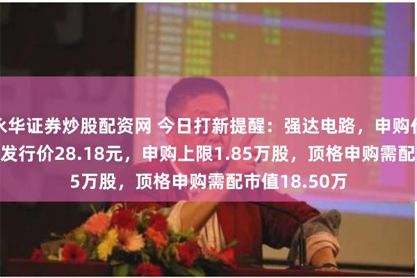 永华证券炒股配资网 今日打新提醒：强达电路，申购代码301628，发行价28.18元，申购上限1.85万股，顶格申购需配市值18.50万